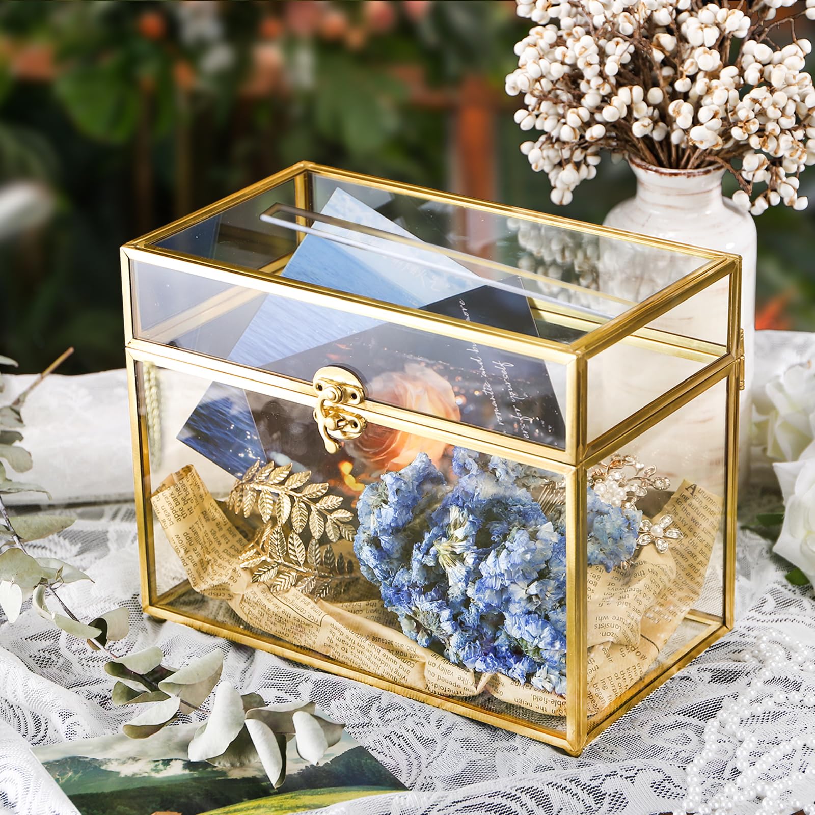 Okllen Glass Wedding Card Box with Lock and Slot, Gold Rim Envelop Box Gift Holder, Vintage Clear Card Box for Wedding Reception, Baby Shower, Birthday, Graduation (Glass Box and Lock Only)