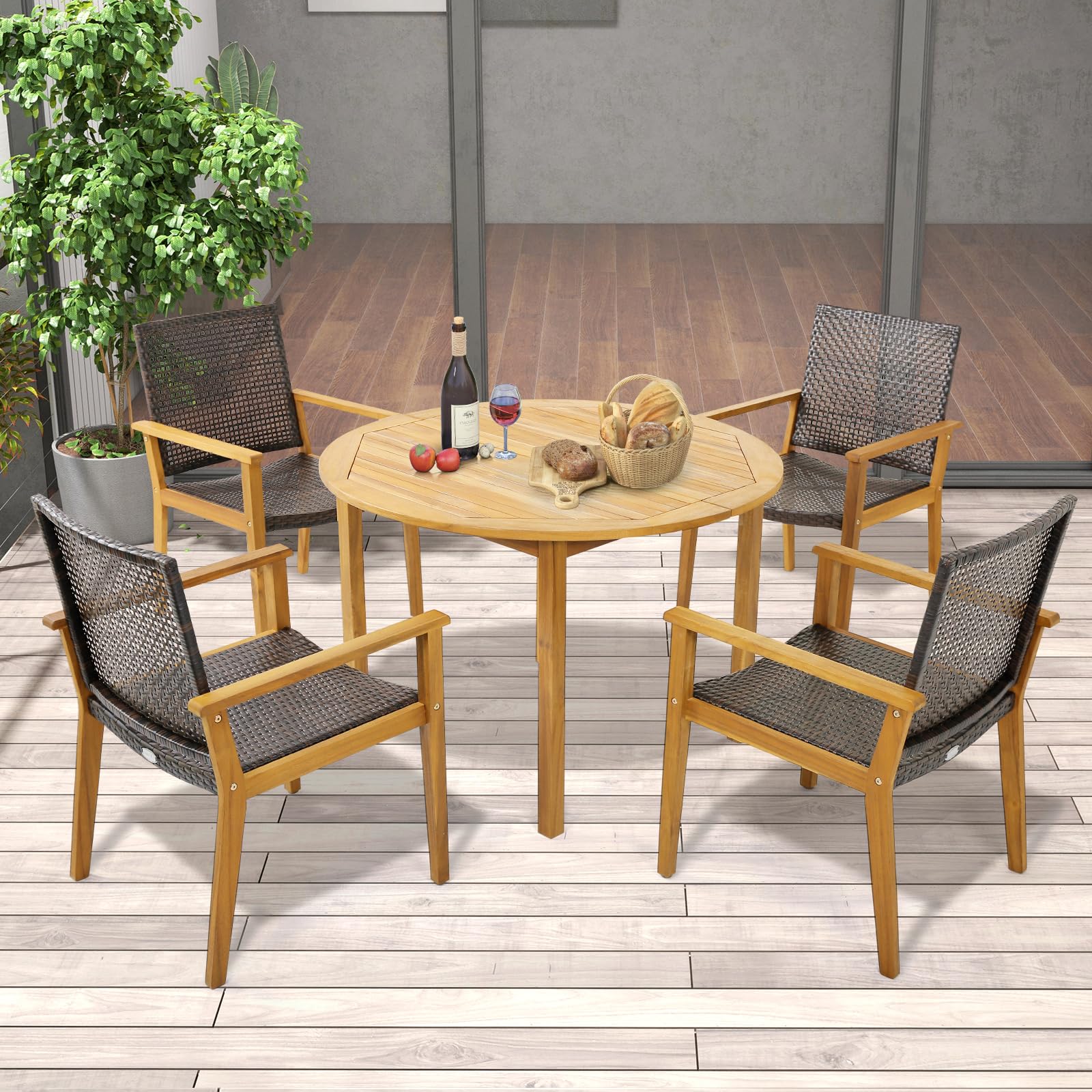 Tangkula Patio Dining Chairs Set of 4, Outdoor Acacia Wood & PE Wicker Chairs with Armrests, Outdoor Rattan Armchairs for Garden, Backyard, Poolside, Balcony (Mix Brown)