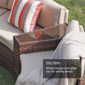 SUNSITT Outdoor Patio Furniture Set 13-Piece Round Sectional Sofa Curved Wicker Sofa with 4 Side Table and Pillows, Brown Rattan & Beige Cushion