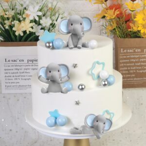 32 Pcs Elephant Cake Decoration with Mini Elephant Blue White Pearl Balls for Baby Shower Boy Elephant Theme Birthday Party Supplies (BLUE)