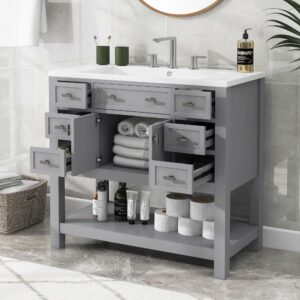 merax 36" bathroom vanity with sink combo, modern wood fixture stand storage cabinet set w/2 soft closing doors and 6 drawers, grey