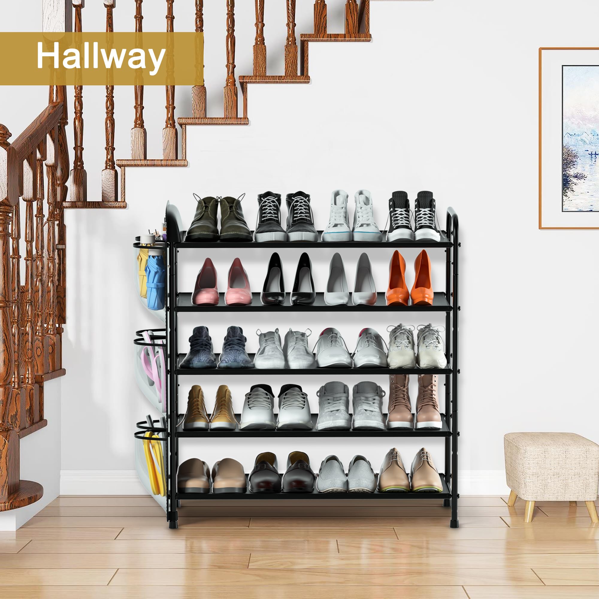 Housen Solutions Shoe Rack for Closet, 5 Tier Metal Shoe Rack Organizer with Storage 20-25 Pairs for Front Door Entrance, Entryway, Floor, Garage, Standing Black Shoes Holder Shelves