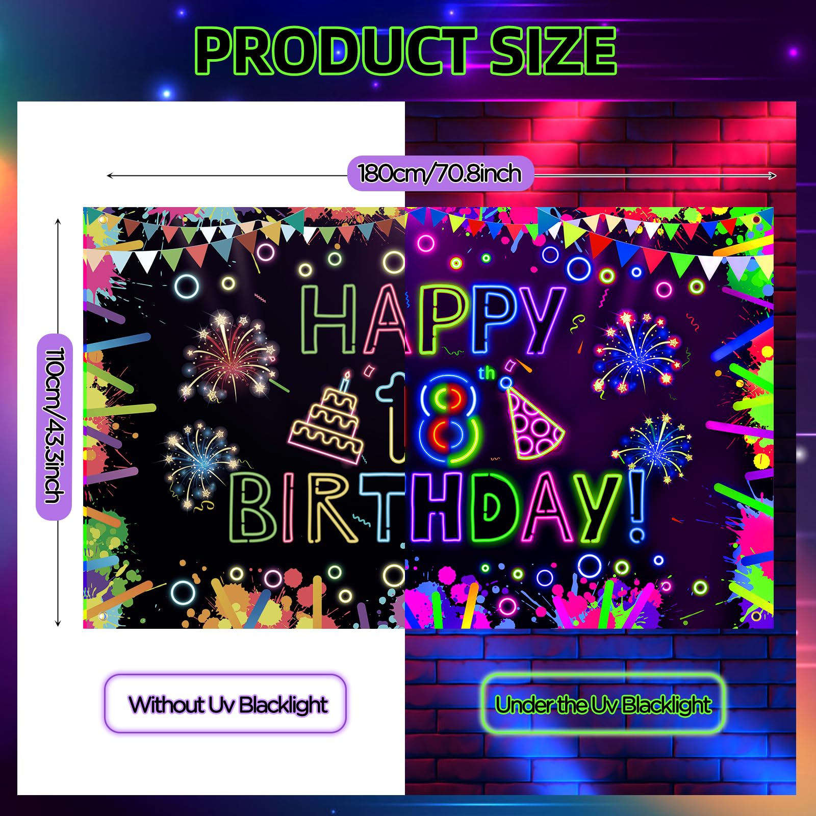 Neon Birthday Party Decorations Neon Happy 18th Birthday Banner Glow in The Dark Party Decorations with UV Black Light Reactive for Let Glow Neon Birthday Blacklight Graduations Party Supplies