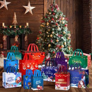 Fayayuan 24 Pack Christmas Gift Bags Assorted Sizes, Reusable Tote Bags Includes 4 Extra Large 17",8 Large 13",8 Medium 10",4 Small 8" Non-Woven Christmas Bags for Xmas Party Supplies