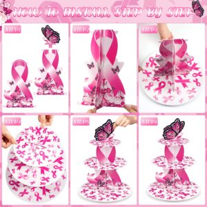 Cholemy Breast Cancer Awareness Party Decoration 3 Tier Round Cardboard Cupcake Stand Pink Ribbon Dessert Cupcake Decoration Cancer Awareness Serving Tray for Women Breast Cancer Survivors Gift