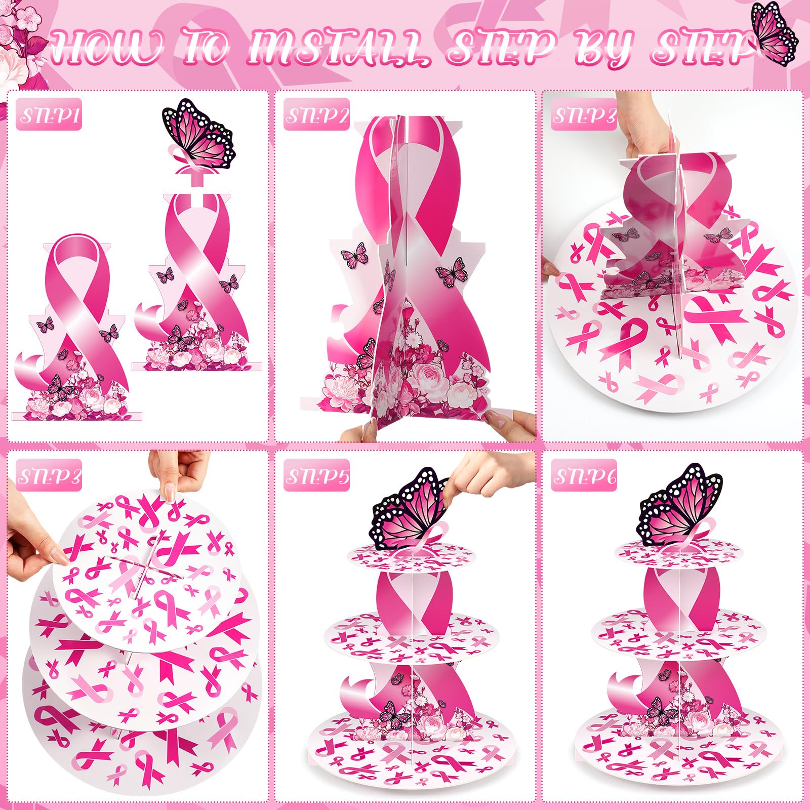 Cholemy Breast Cancer Awareness Party Decoration 3 Tier Round Cardboard Cupcake Stand Pink Ribbon Dessert Cupcake Decoration Cancer Awareness Serving Tray for Women Breast Cancer Survivors Gift