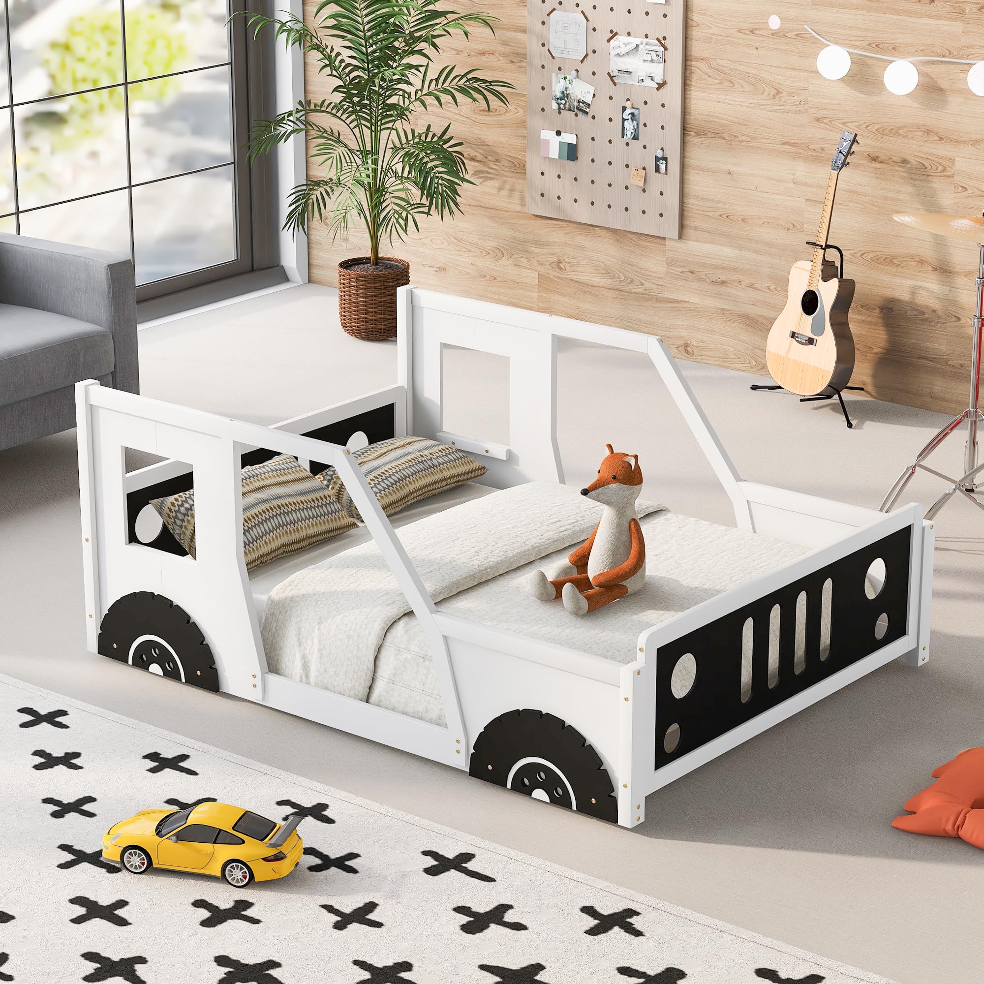 Bellemave Full Size Kids Bed, Full Car Bed, Classic Car-Shaped Platform Bed with Wheels, Wood Full Montessori Floor Bed Frame for Kids Boy Girls, Lightning McQueen Bed (White+Black)