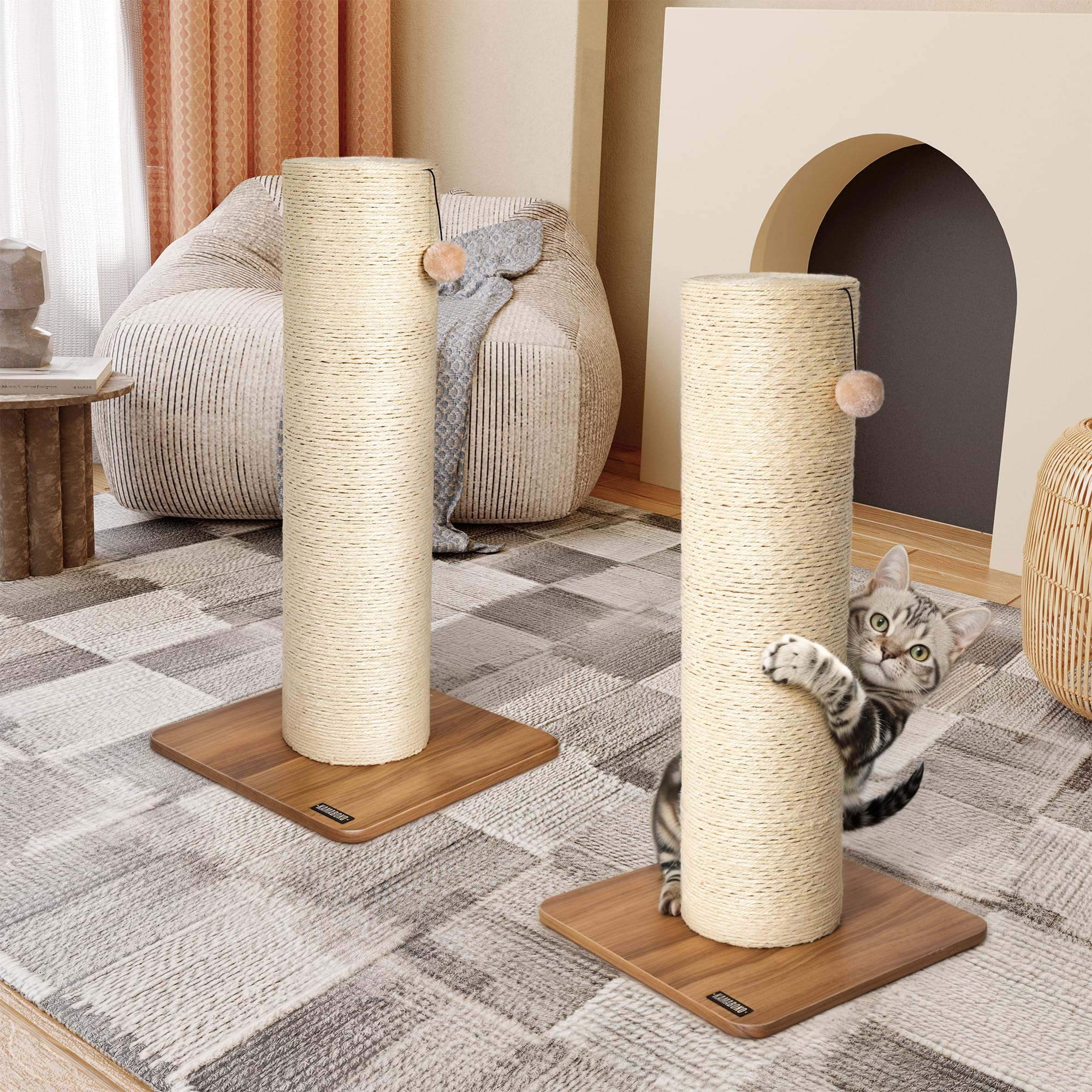 KAMABOKO 29.5" Cat Scratching Post, 7.5" Ultra-Large Diameter Natural Sisal Cat Scratch Post, Scratch-Resistant Tall Cat Scratcher for Indoor Cats, Protect Your Furniture, Beige, Pack of 1