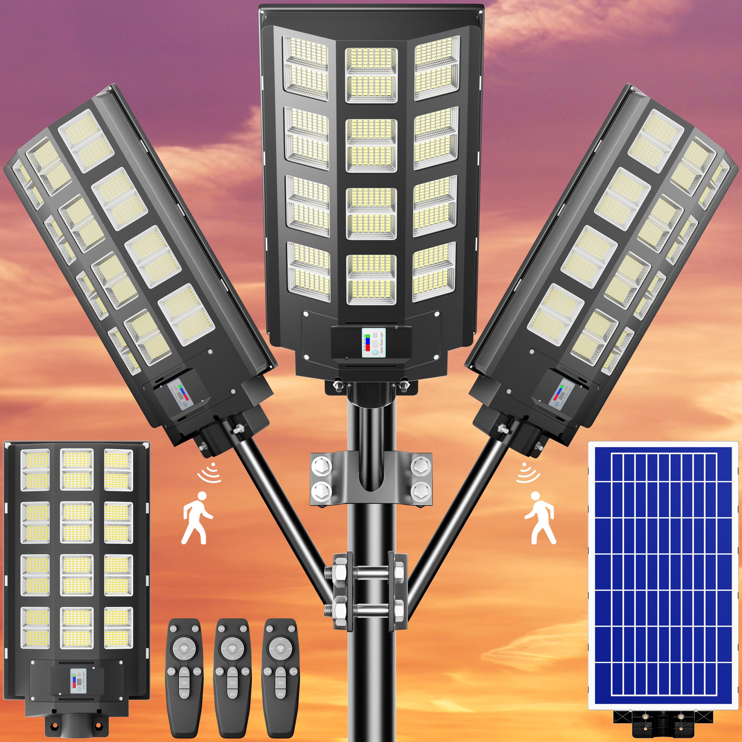 Vzyhik 3-Pack Solar Parking Lot Light - 4800W Solar Street Light 360000LM Dusk to Dawn Street Lights Solar Powered, IP67 Waterproof Solar Wide Angle Lamp with Motion Sensor for Yard, Road