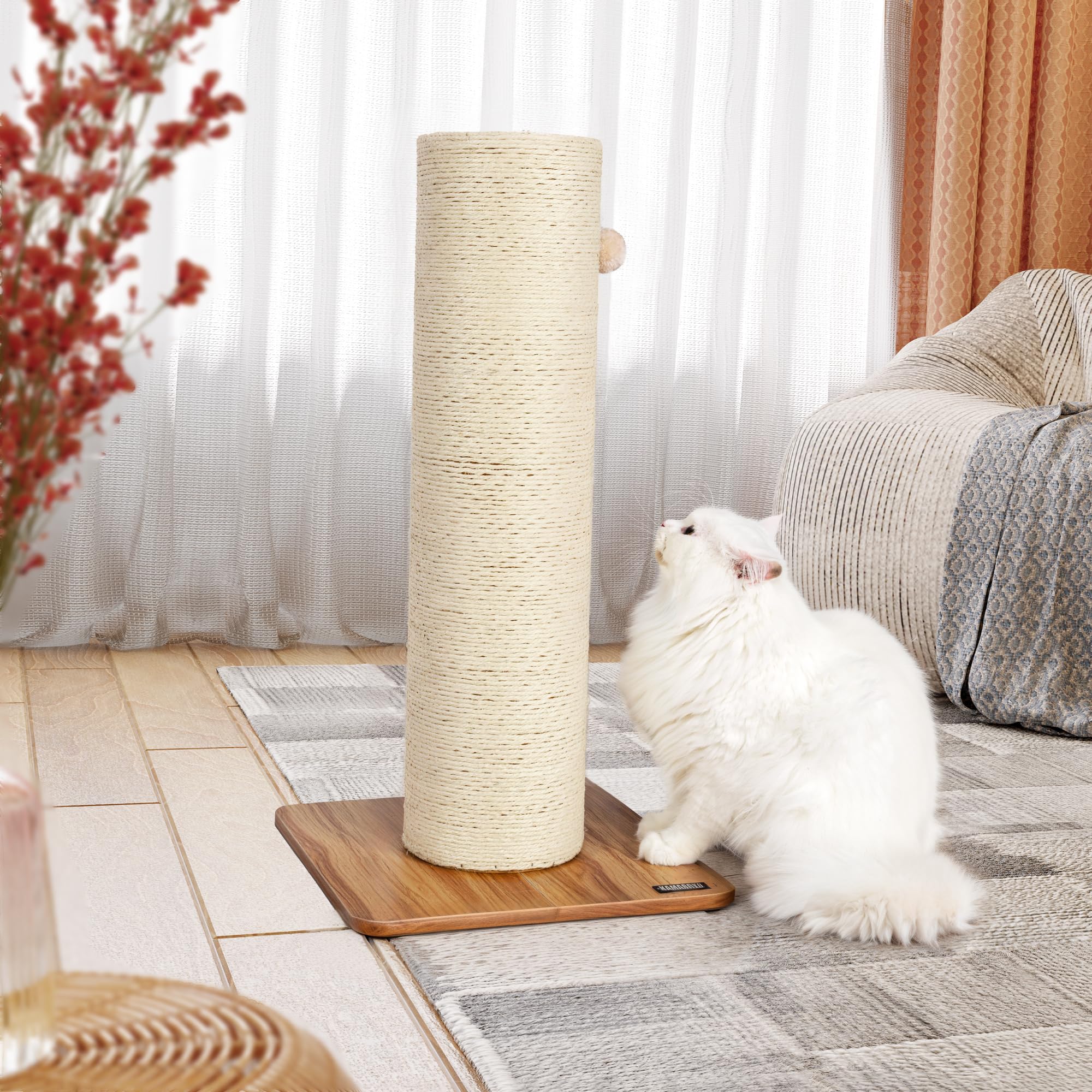 KAMABOKO 29.5" Cat Scratching Post, 7.5" Ultra-Large Diameter Natural Sisal Cat Scratch Post, Scratch-Resistant Tall Cat Scratcher for Indoor Cats, Protect Your Furniture, Beige, Pack of 1