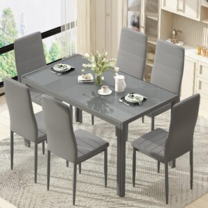 dklgg 7 piece dining table set for 6, glass dining room table set with 6 pu leather chairs, modern kitchen table and chairs set of 6 for small space, apartment