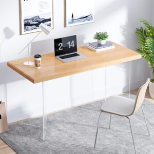 tribesigns computer desk, modern home office desks, 55 inch sturdy wood laptop writing table, suspended island table with acrylic legs, industrial simple study table home office, natural