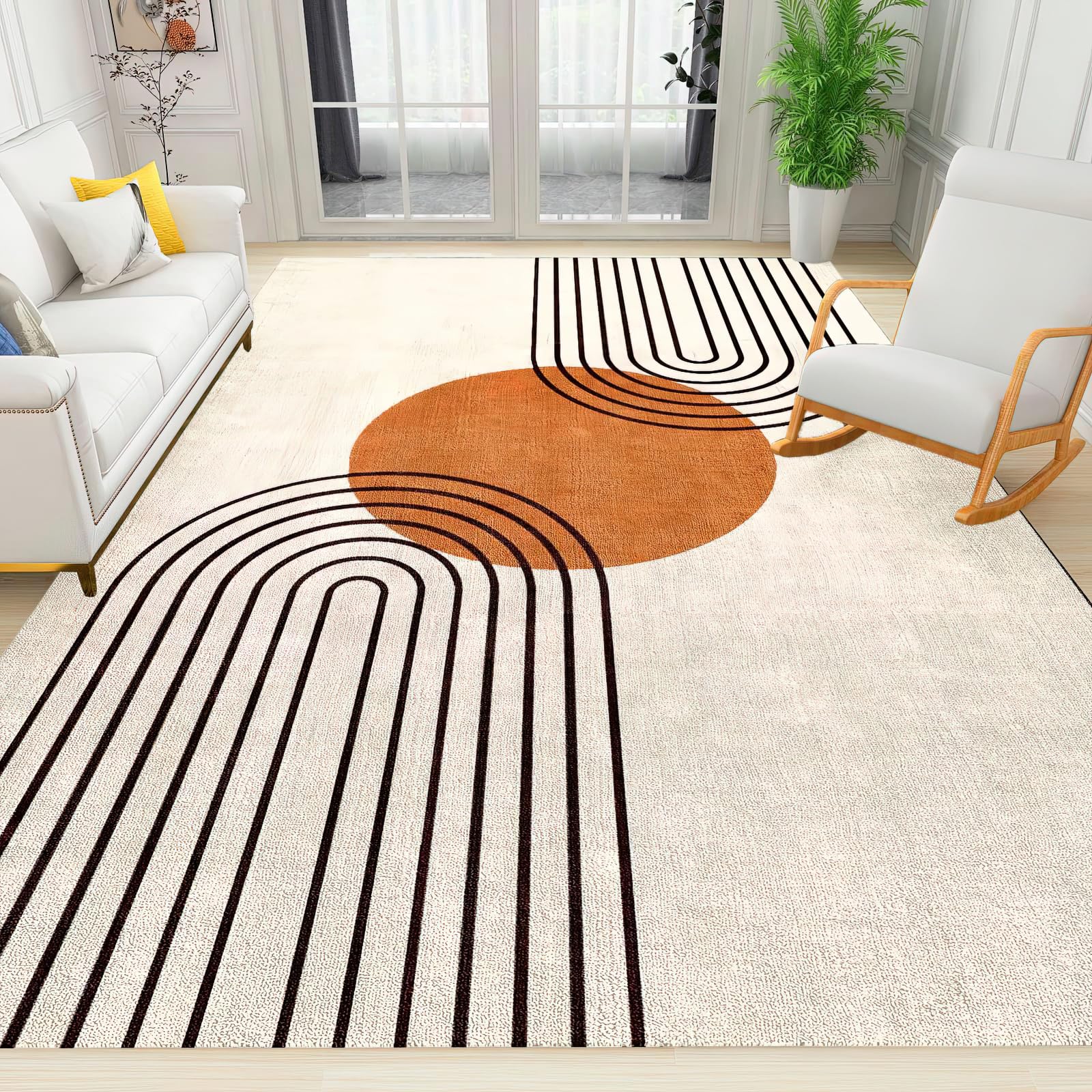 Mid Century Modern Abstract Art Area Rug, Boho Minimalist Line Non Slip Stain Resistant Print Rugs, Soft Machine Washable Carpet for Indoor Bedroom Living Room Office Decor Rug - 6 ft x 9 ft