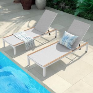 grand patio outdoor chaise lounge set of 2 mesh sling lounge chairs with woodgrain texture, portable wheels & 4 adjustable reclining backrest positions for poolside beach white 2pcs