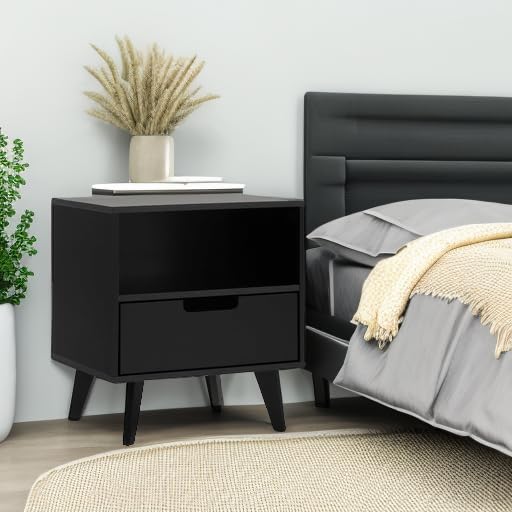 Walker Edison Raelyn Mid-Century Modern 1-Drawer Nightstand, 20 Inch, Black