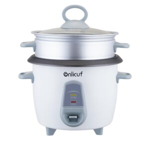 onlicuf 3 cups uncooked 6 cups cooked rice & grain cooker with aluminum food steamer, nonstick pot, multicooker, automatic keep warm function,resettable overheat protection,bpa-free,white