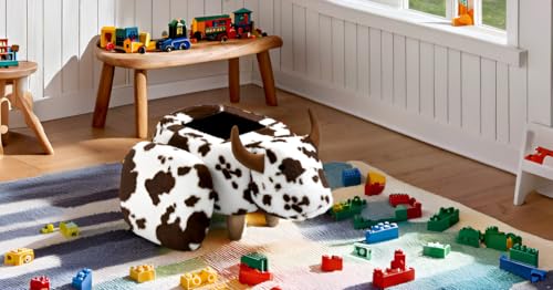 Home 2 Office Cow Ottoman for Kids' Bedroom, Playroom, Nursery, and Living Room, Animal Ottoman with Storage, Footstool for Kids, Brown Cow Print