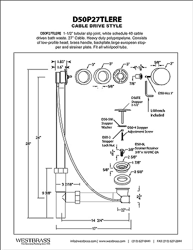 Westbrass D50P27TLERE-07 27" Cable Drive Bath Drain Trim with Rotary Overflow Cover Knob, Pop-Up Stopper and Poly Tubular Pipes & Fittings, Satin Nickel