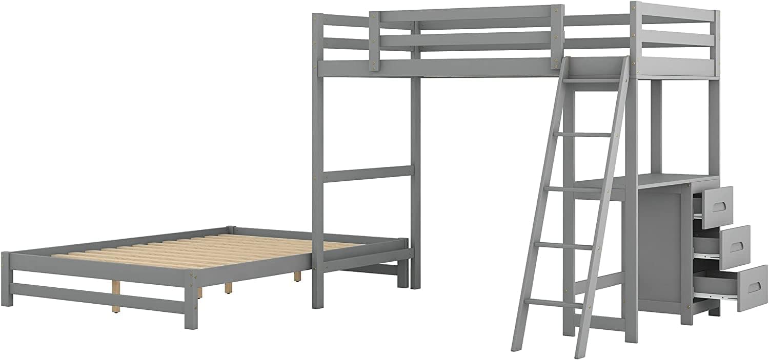 Bunk Beds Twin Over Full Size with Built-in Desk and Three Drawers, Wooden Storage Bunk Beds with Removable Bottom Bed ,Bunk Beds with Ladder & Guardrails for Kids Girls Boys ,Grey