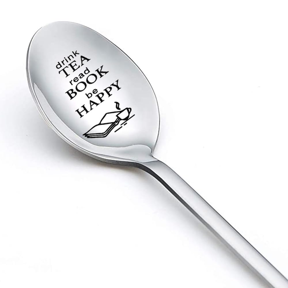 Tea Book Gifts Spoon for Women Men Drink Tea Read Book be Happy Spoon for Daughter Friends Tea Book Lover Gift for Teen Christmas Birthday Gifts for Tea Book Lover Spoons