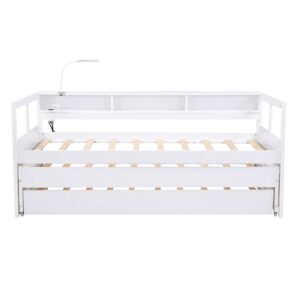 Harper & Bright Designs Twin XL Daybed with 3 Storage Cubbies and USB Charging, Wood Daybed Frame with Double Trundles, Daybed with Trundle for Kids Girls Boys, No Box Spring Needed (White)