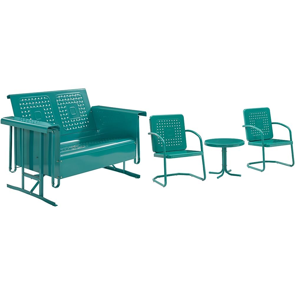 Crosley Furniture Bates Retro Metal Outdoor Loveseat Glider + 3-Piece Seating Set with Side Table and 2 Chairs, Turquoise Gloss