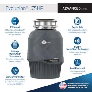 InSinkErator EVOLUTION 0.75HP 3/4 HP, Advanced Series EZ Connect Continuous Feed Food Waste Garbage Disposal, Gray