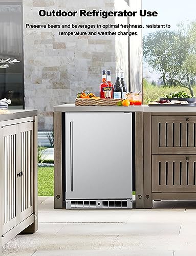 SUCISENI Outdoor Beverage Refrigerator, 24 Inch Undercounter Beverage Fridge Cooler Holds 180 Cans, Stainless Steel Refrigerator with Lockable Door for Home Bar, Outdoor Kitchen Patio or Commercial