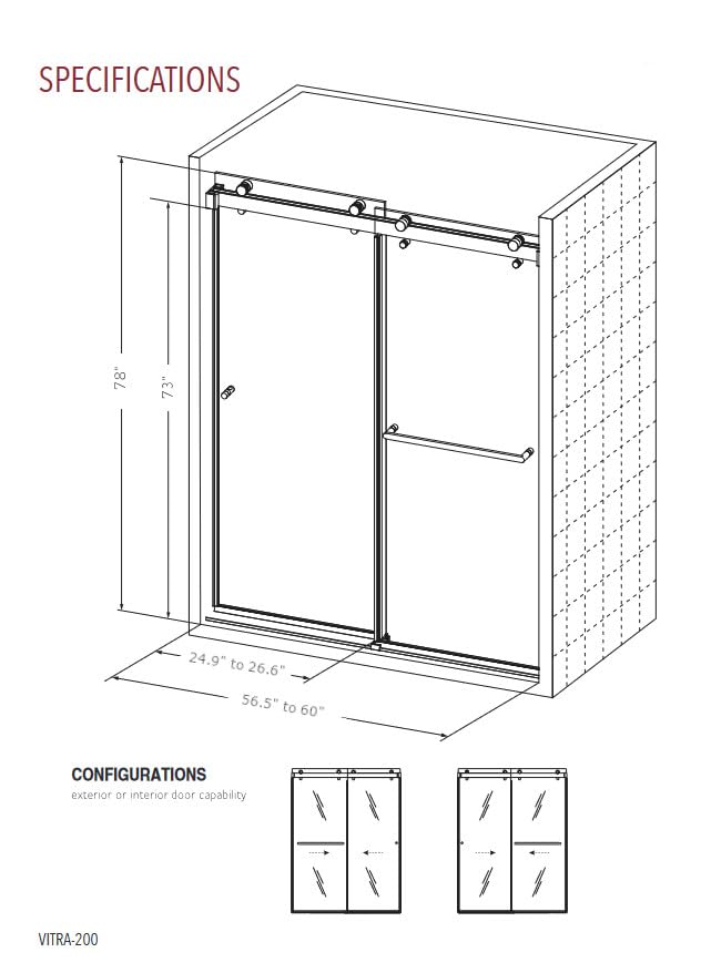 Eurotech Showers VITRA-200 56.5-60" W x 78" H Twinglide Frameless Shower Door w/ 3/8" Clear Tempered Glass (Brushed Nickel)