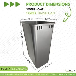 Yogui Home Living Plastic Trash Can - Indoor Garbage Bin for Kitchen, Home, Office and Commercial Use - Large Waste Disposal Tub, Plastic Waste Container- (12-Gallon) (50 Quart - 1 Pack, Grey)