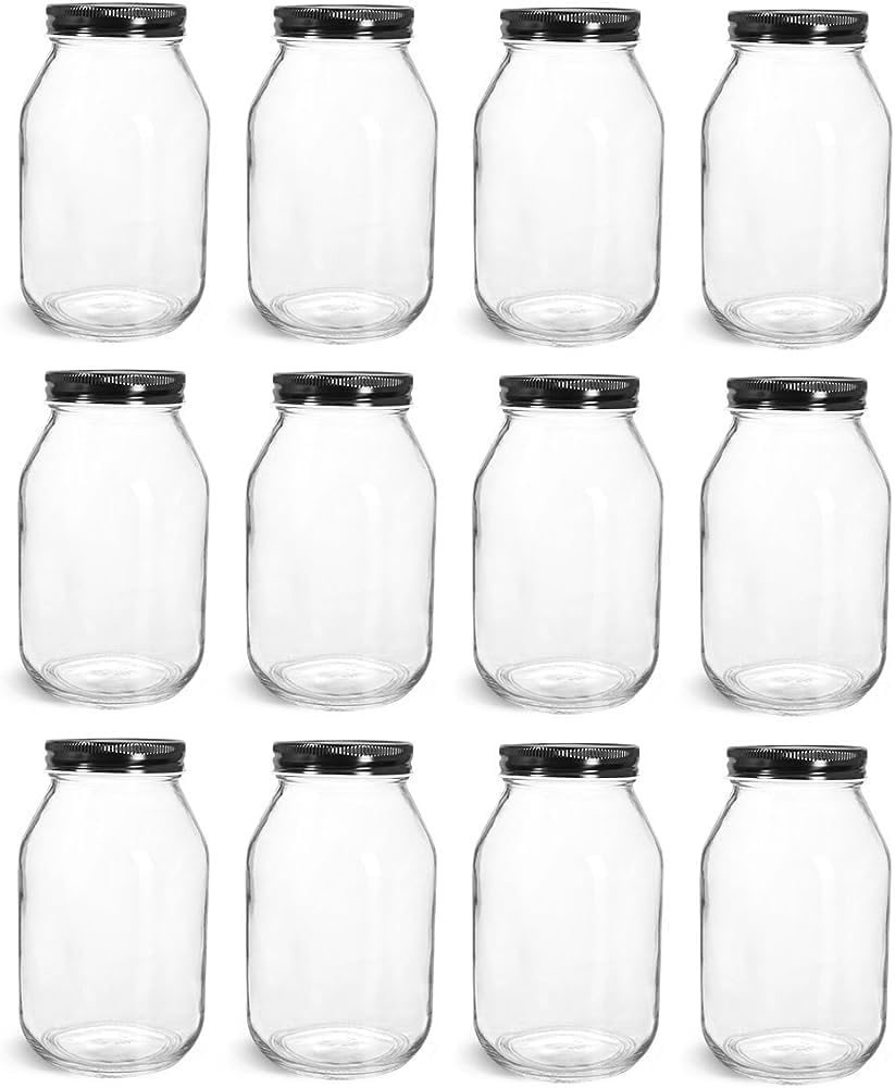 North Mountain Supply 32 Ounce Quart Glass Regular Mouth Mason Canning Jars - With Black Safety Button Lids - Case of 12