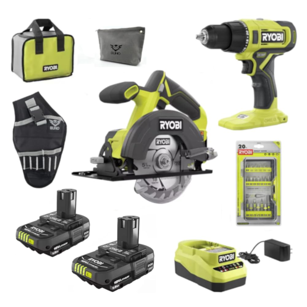 18-Volt Cordless 2-Tool Combo Bundle with Ryobi Drill & Circular Saw, (2) 1.5 Ah Batteries, Charger, Tool Bag, Impact Rated 20 Piece Drill Bit Set, Plus Buho Drill Holster and Buho Zipper Tool Pouch