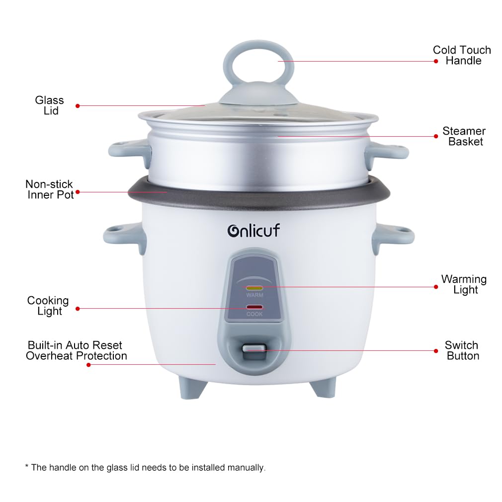 Onlicuf 3 Cups Uncooked 6 Cups Cooked Rice & Grain Cooker with Aluminum Food Steamer, Nonstick Pot, Multicooker, Automatic Keep Warm Function,Resettable Overheat Protection,BPA-free,White