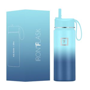 iron °flask kids water bottle - straw lid, 20 name stickers, vacuum insulated stainless steel, double walled tumbler travel cup, thermos mug - blue waves, 18 oz