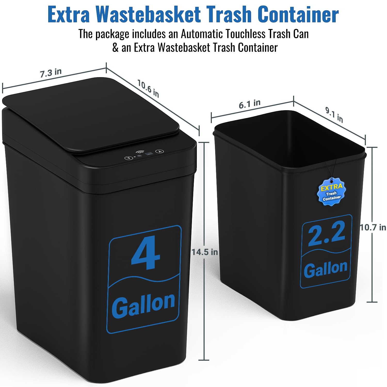 LMQML Bathroom Trash Can, 4 Gallon Automatic Motion Sensor Touchless Garbage Can; with Extra Trash Container, Waterproof Trash Bin with Lid, Smart Electric Trash Can for Kitchen, Office, Bedroom-Black