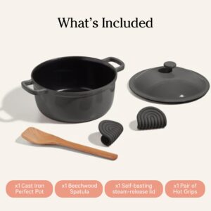 Our Place Cast Iron Perfect Pot | 6-in-1 Multifunctional 5.5 Qt. Toxin-Free Enameled Dutch Oven with Self-Basting Lid | Hot Grips & Beechwood Scraper | Induction Cooktop and Oven Safe | Char