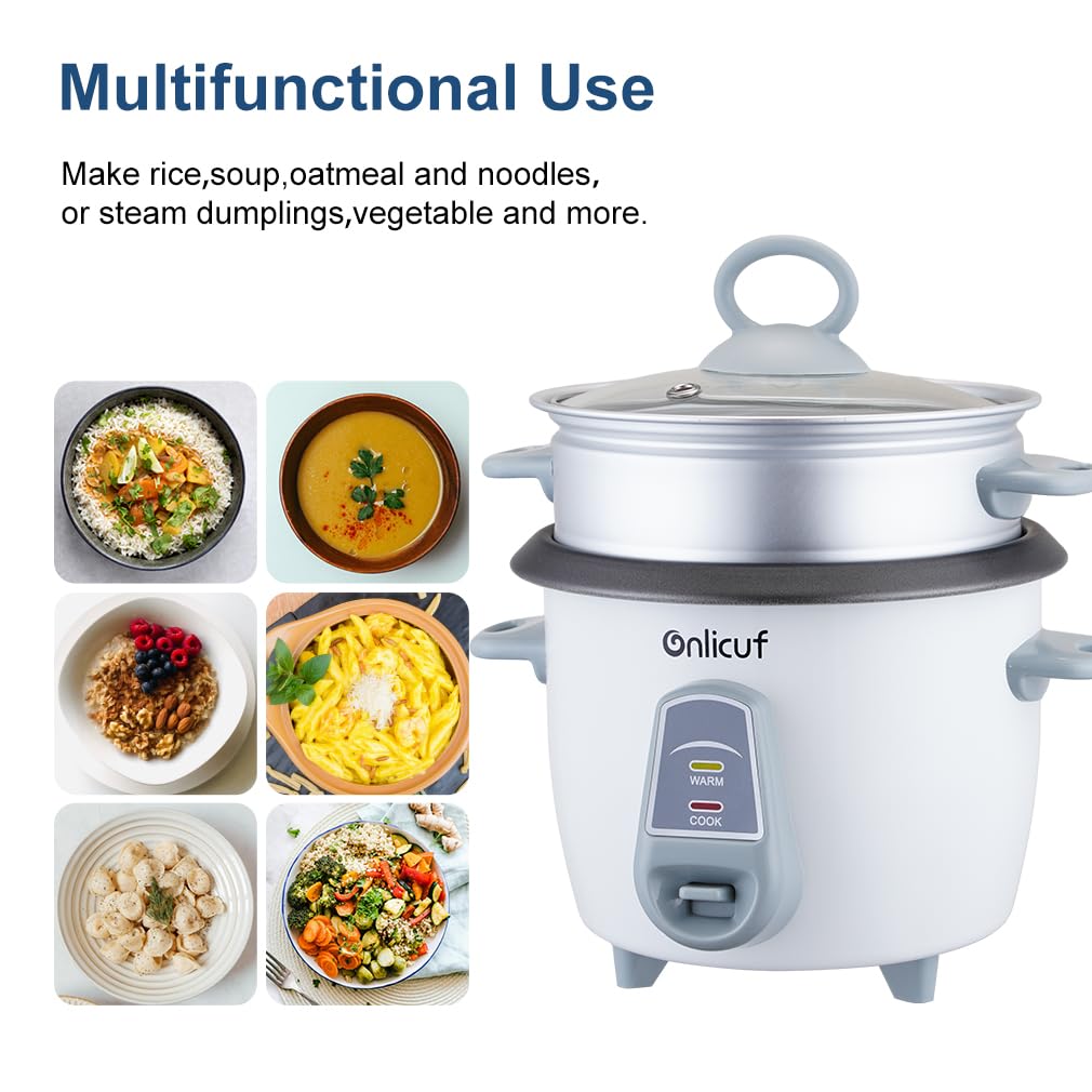 Onlicuf 3 Cups Uncooked 6 Cups Cooked Rice & Grain Cooker with Aluminum Food Steamer, Nonstick Pot, Multicooker, Automatic Keep Warm Function,Resettable Overheat Protection,BPA-free,White