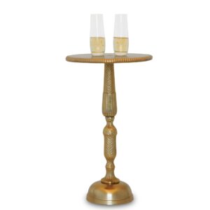 objet d'art small round gold side table, accent, end, pedestal, martini, cocktail and drink table for living room and small spaces, hannah vintage metal brass style decor, 20" height