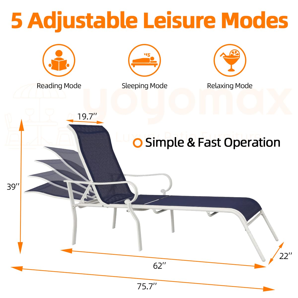 yoyomax Chaise Lounge Outdoor w/Adjustable Back in 5 Reclining Levels, Sturdy Metal Frame, Sunbathing Chair for Beach, Yard, Balcony, Poolside, Dark Blue