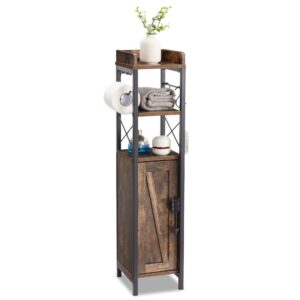 vecelo small bathroom cabinet,slim toilet paper holder with door & 2 shelves, upgraded narrow storage organizer for restroom bathroom tiny space,fenced top waterproof coating, rustic brown