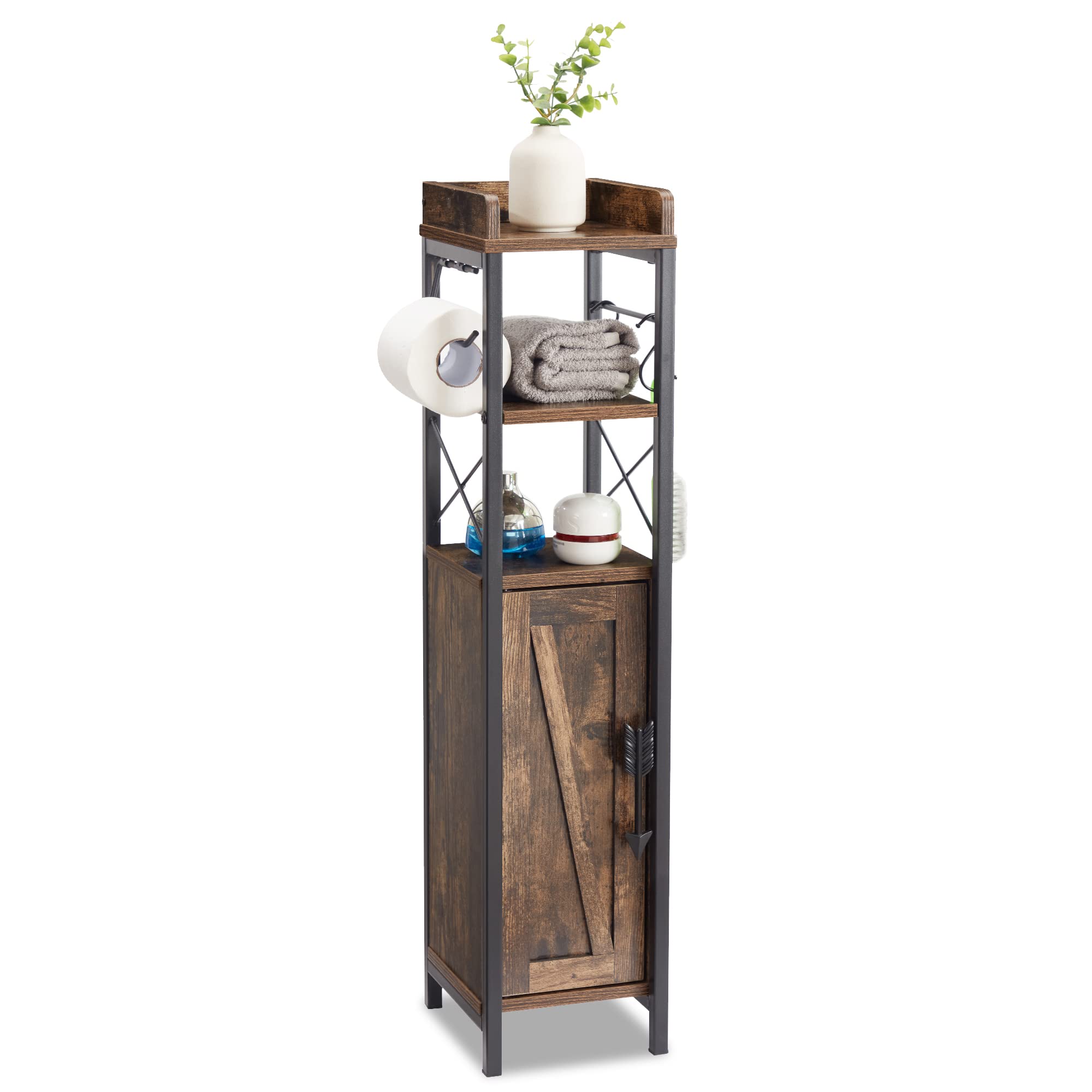 VECELO Small Bathroom Cabinet,Slim Toilet Paper Holder with Door & 2 Shelves, Upgraded Narrow Storage Organizer for Restroom Bathroom Tiny Space,Fenced Top Waterproof Coating, Rustic Brown