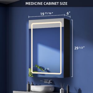 VESLINY LED Medicine Cabinet 20 * 30 inch Surface Mount 3 Color Adjustable Black Waterproof Aluminium Bathroom Lighted Medicine Cabinet Anti-Fog Medicine Cabinet Mirror with Lights