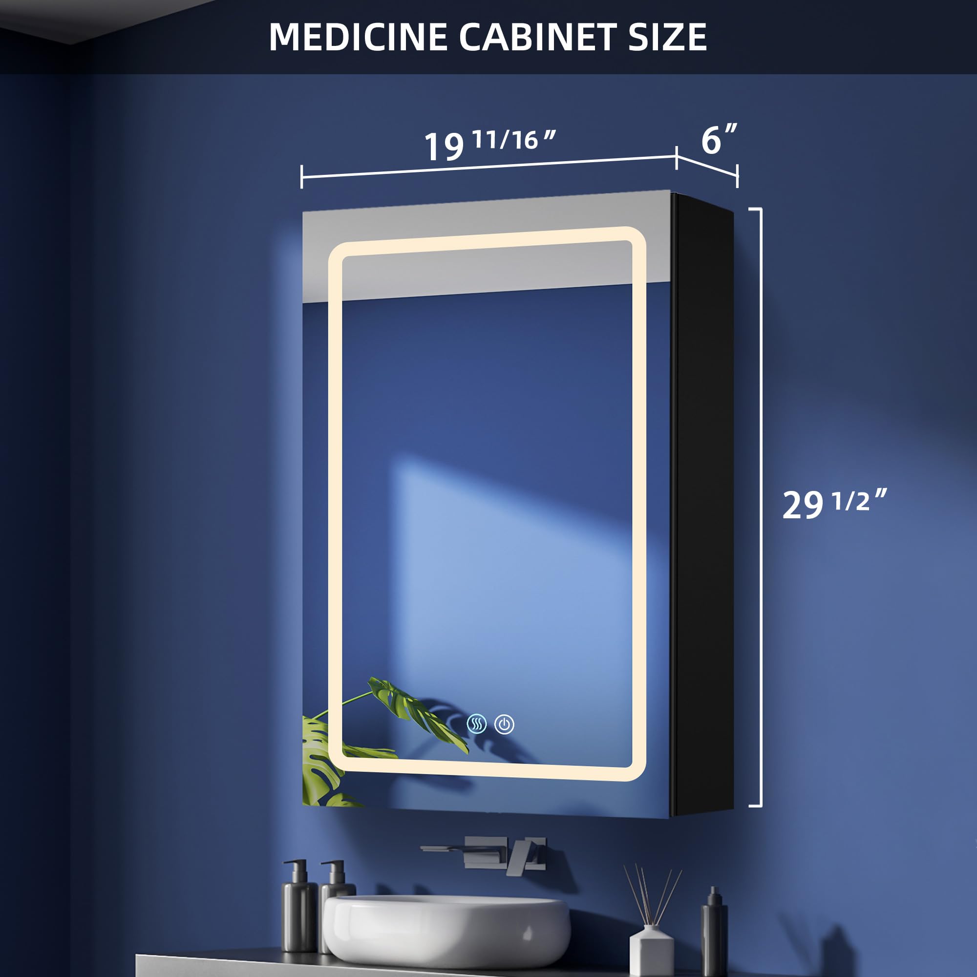 VESLINY LED Medicine Cabinet 20 * 30 inch Surface Mount 3 Color Adjustable Black Waterproof Aluminium Bathroom Lighted Medicine Cabinet Anti-Fog Medicine Cabinet Mirror with Lights