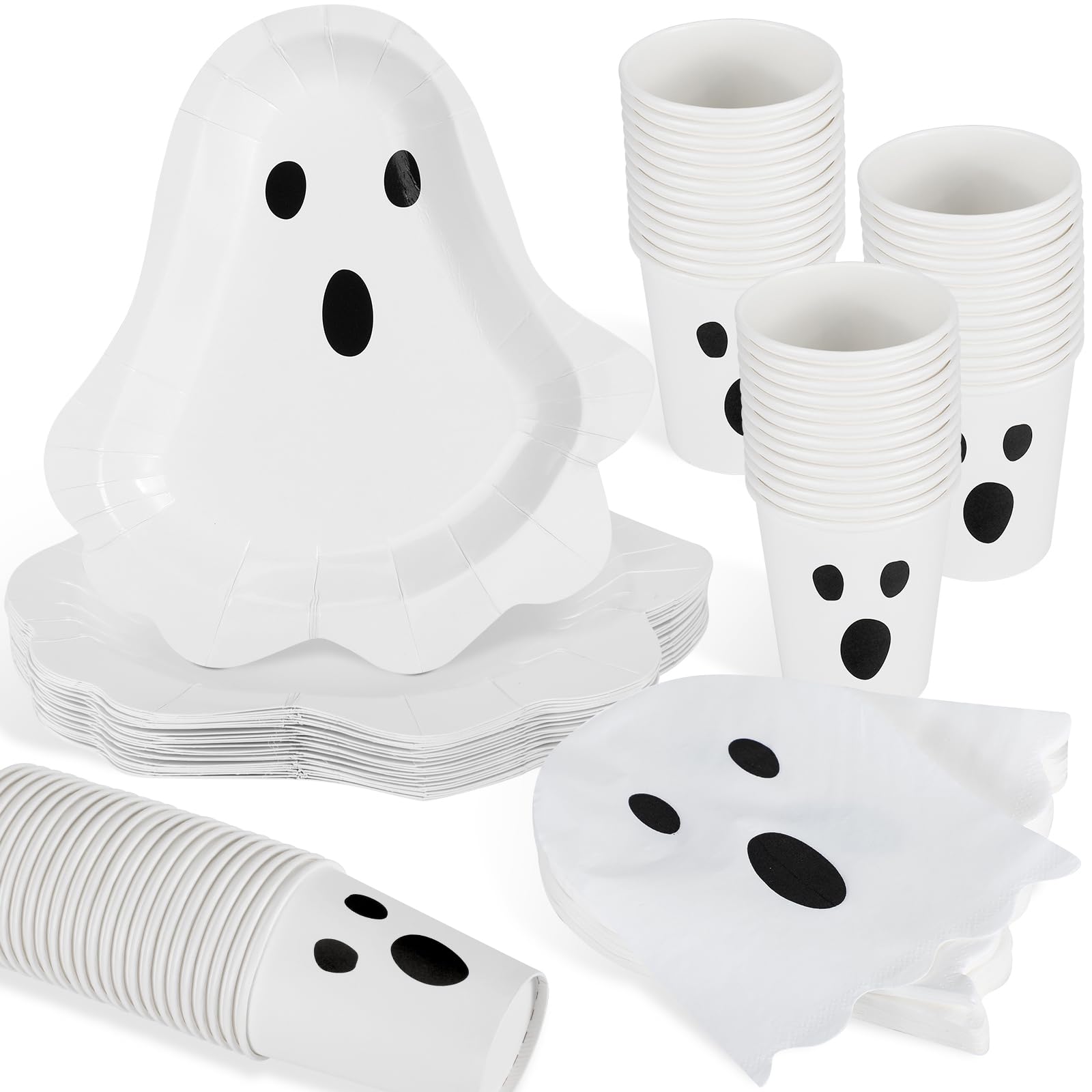 Fuutreo 96 Pcs Halloween Ghost Party Tableware Supplies Including 48 Pcs Halloween Guest Napkins 24 Pcs Ghost Shaped Plates 24 Pcs 9 oz Disposable Ghost Paper Cups Serve for 24 Guests Halloween Party