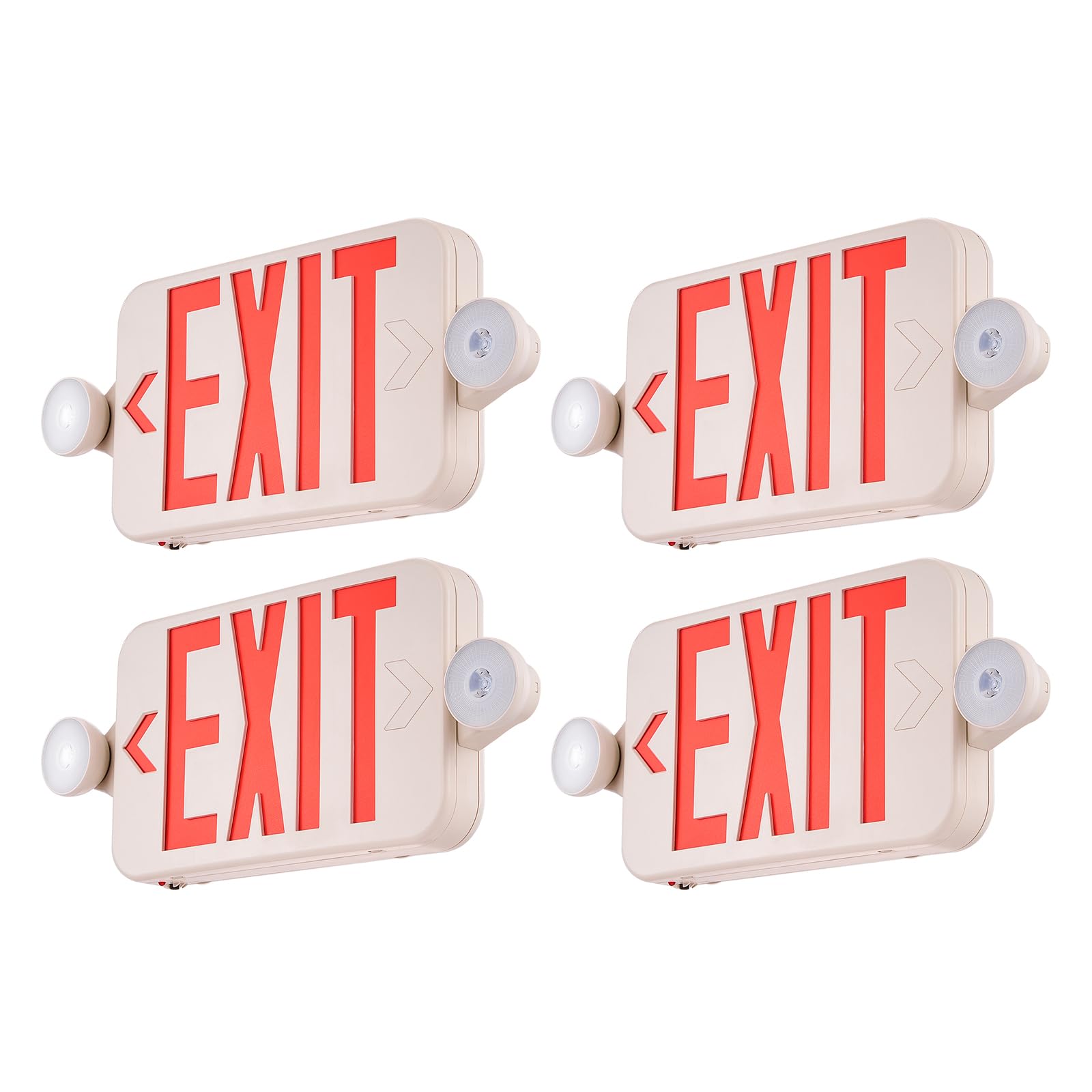 VEVOR LED Exit Sign with Emergency Lights, Two LED Adjustable Heads Emergency Exit Light with Battery Backup, Combo Red Letter Fire Exit Lighting, Commercial Exit Signs, 4 Pack