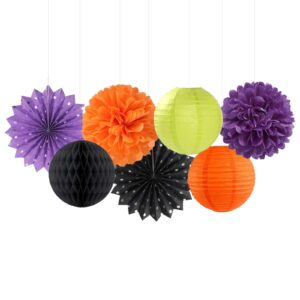 Black-Orange Purple Green Halloween Party-Decorations - 14pc Kit Paper Lanterns Fan,Tissue Flower Pom Poms Streamers,Honeycomb Balls,Birthday Supplie Wedding Baby Bridal Shower Decor Lasting Surprise