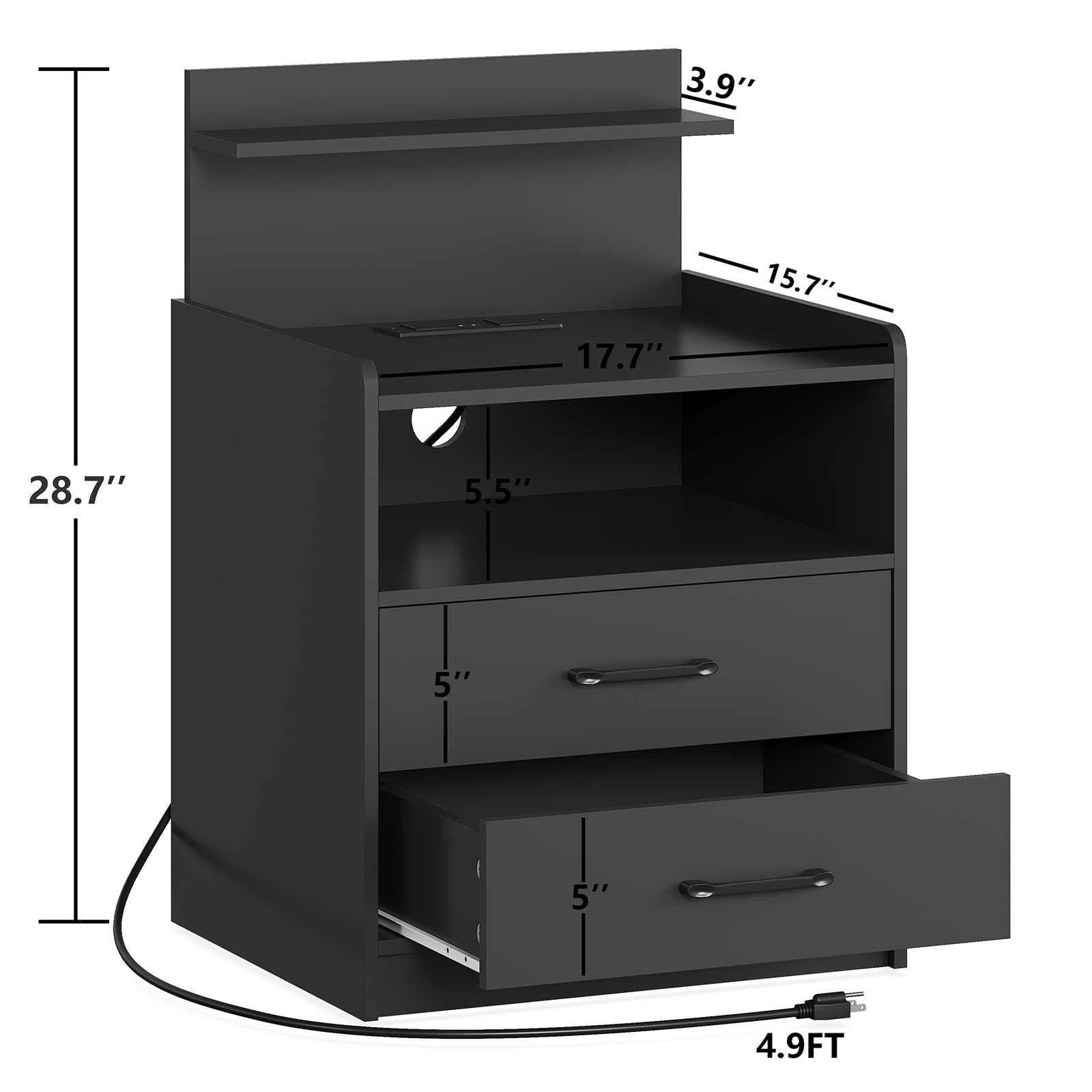 LED Nightstand with Charging Station, Night Stand with 2 Drawers and Open Storage, Bedside Table with LED Lights, Modern End Table with USB Ports Outlets, Black