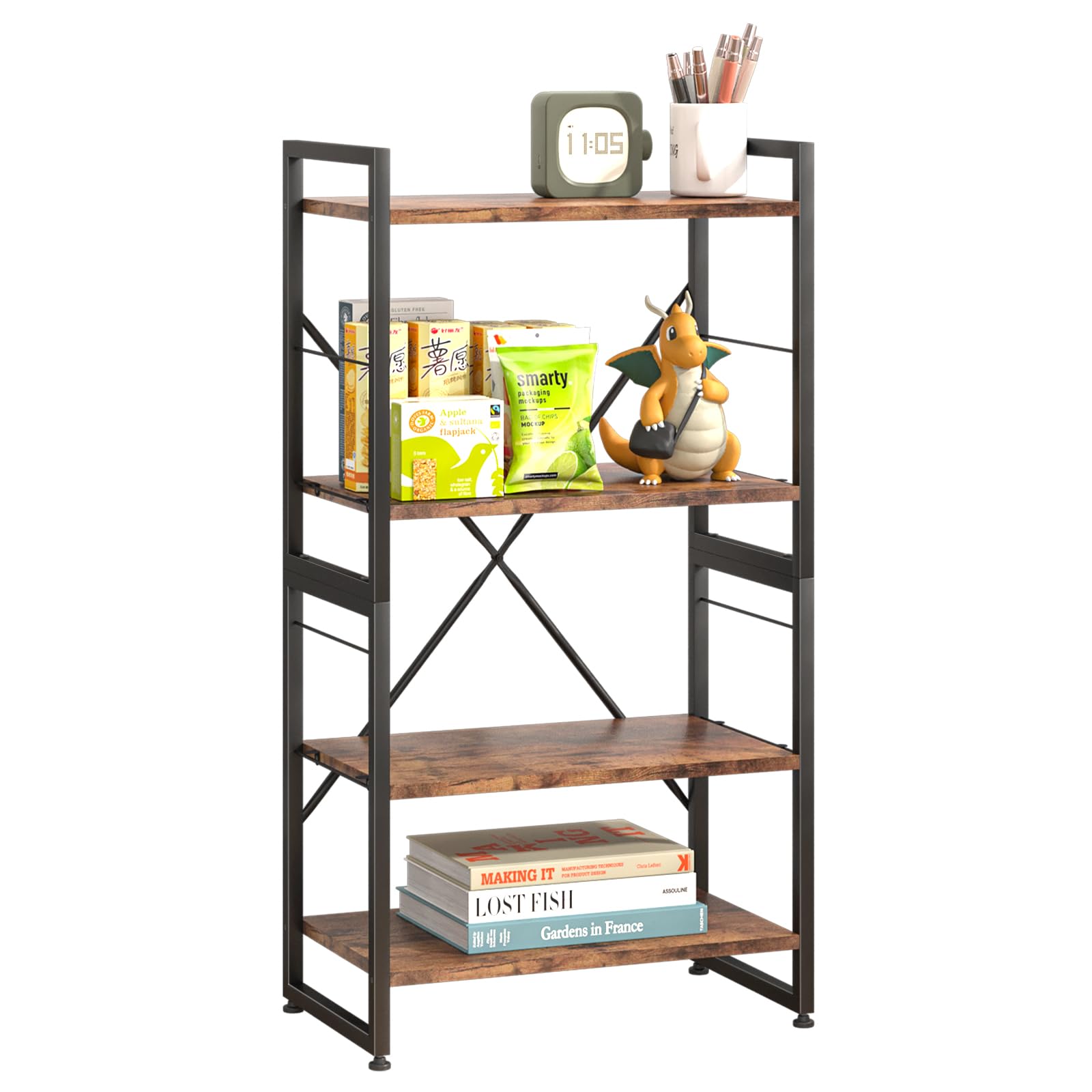 Azheruol 4 Tiers Bookshelf Adjustable Shelf Organizer, Rustic Brown Small Bookcase for Small Space,Industrial Wooden Storage Bookcase Display Rack and Storage Organizer for Living Room Home Office