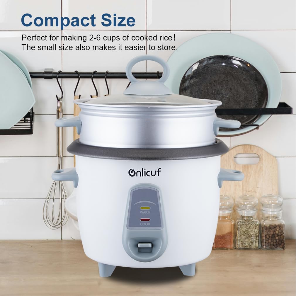 Onlicuf 3 Cups Uncooked 6 Cups Cooked Rice & Grain Cooker with Aluminum Food Steamer, Nonstick Pot, Multicooker, Automatic Keep Warm Function,Resettable Overheat Protection,BPA-free,White