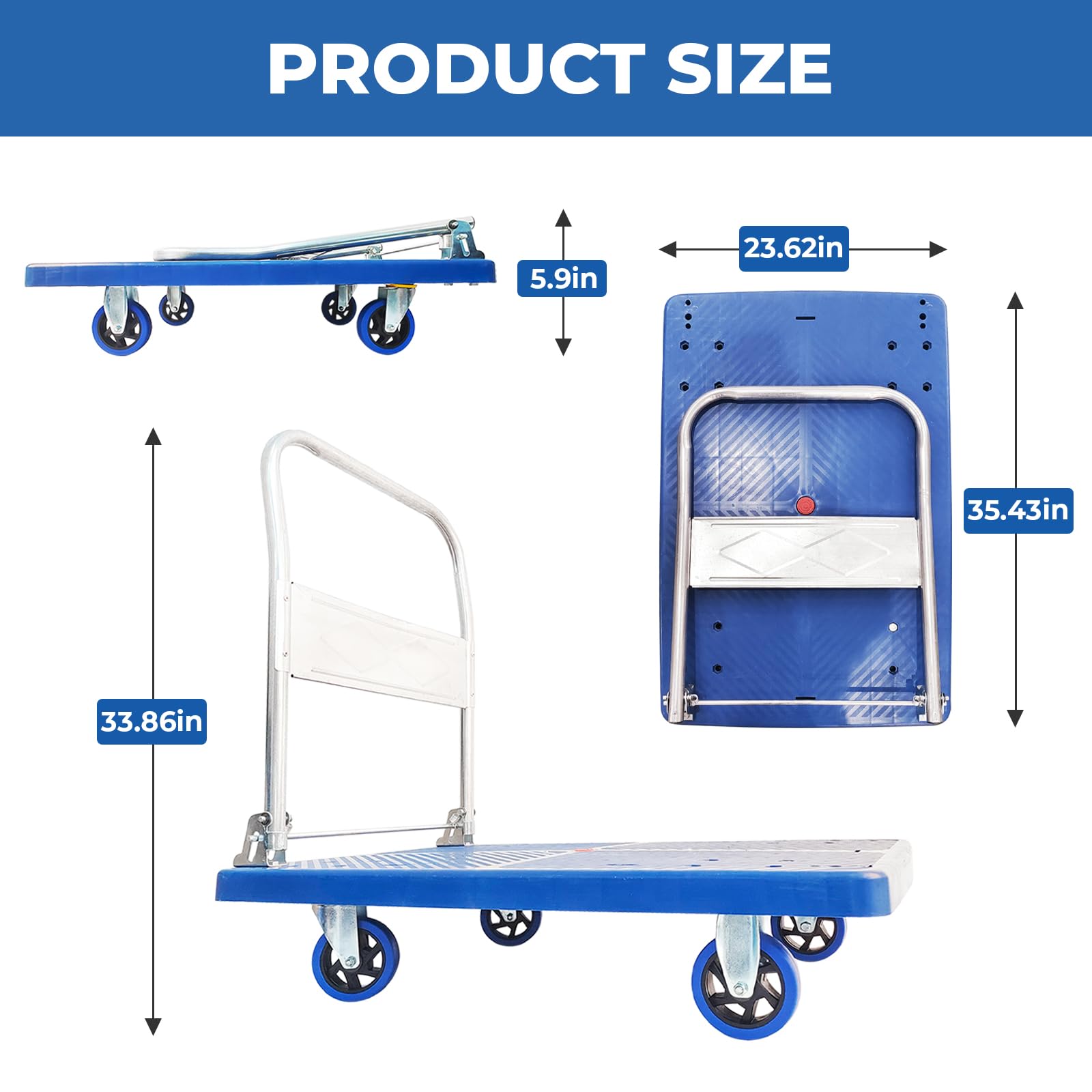 LCyindu 660LBS Push Cart Dolly,Foldable Platform Truck Dolly with 360° Swivel Wheels, Space-Saving Design, Heavy Duty Hand Flatbed Cart Moving Cart for Loading,Groceries, Garage, Warehouse